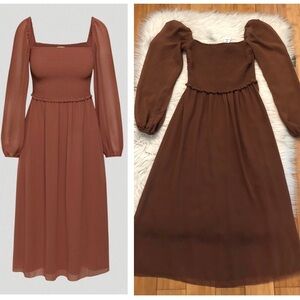 Aritzia Wilfred Tempest Smocked Puff Sleeves Chiffon Brown Midi Dress size XS